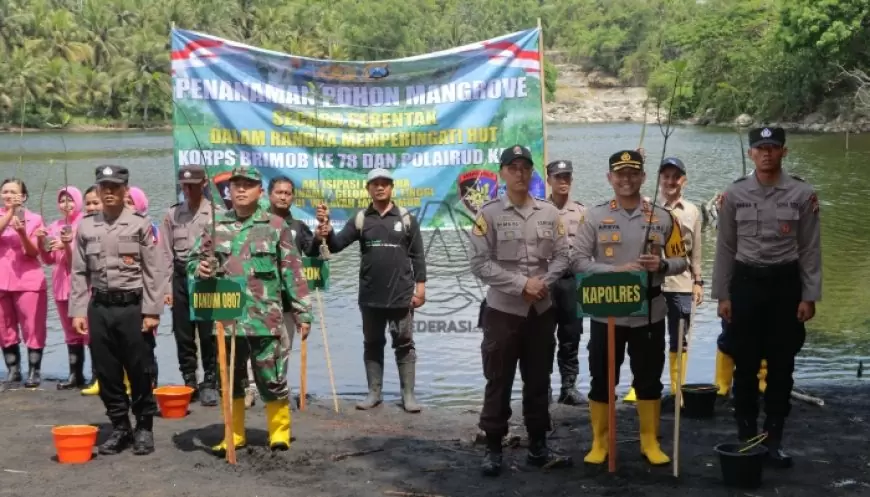 Peringati HUT Korps Brimob ke-78 dan Polairud ke-73, Polres Tulungagung Tanam Pohon Mangrove di Pesisir Pantai Niyama