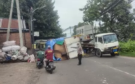 Truk Bermuatan Triplek Terguling di Driyorejo Gresik Diduga Akibat Kelebihan Muatan