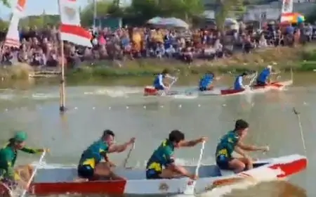 Keseruan Lomba Dayung Tradisional HUT RI Ke-80 di Waduk Gredekp