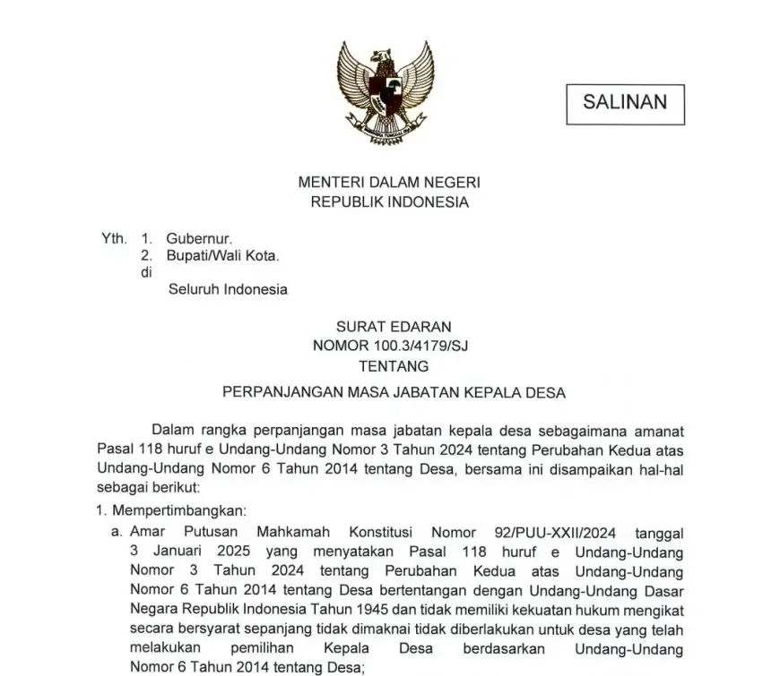 SE Mendagri Perpanjangan Masa Jabatan Kades, 19 Kades Purna Tugas  Bakal Menjabat Lagi