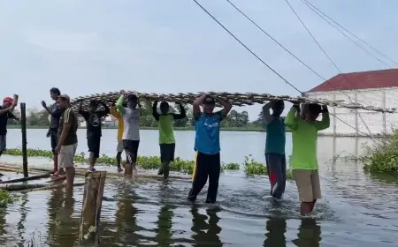 Dua Bulan Terisolir Banjir, Warga Bojoasri Lamongan Bangun Jembatan Bambu Swadaya