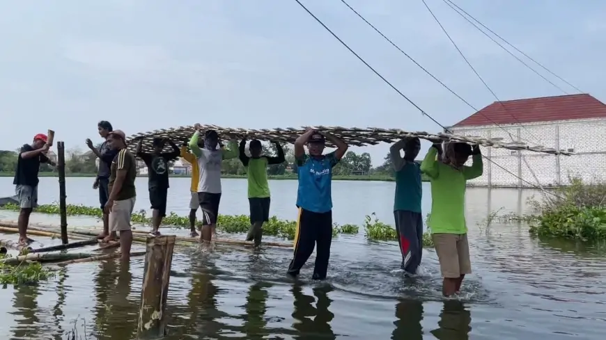 Dua Bulan Terisolir Banjir, Warga Bojoasri Lamongan Bangun Jembatan Bambu Swadaya